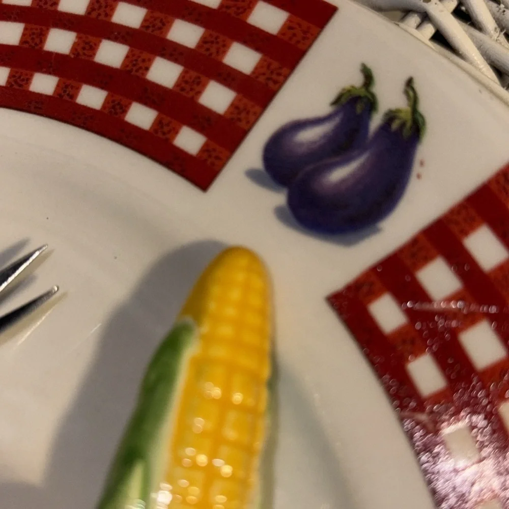 Red Gingham Corn Plate & Ceramic Corn Shaped holders / Small Forks Vintage 80s